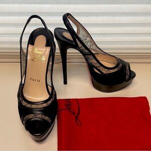 Christian Louboutin Black and Lace Slingback Heels